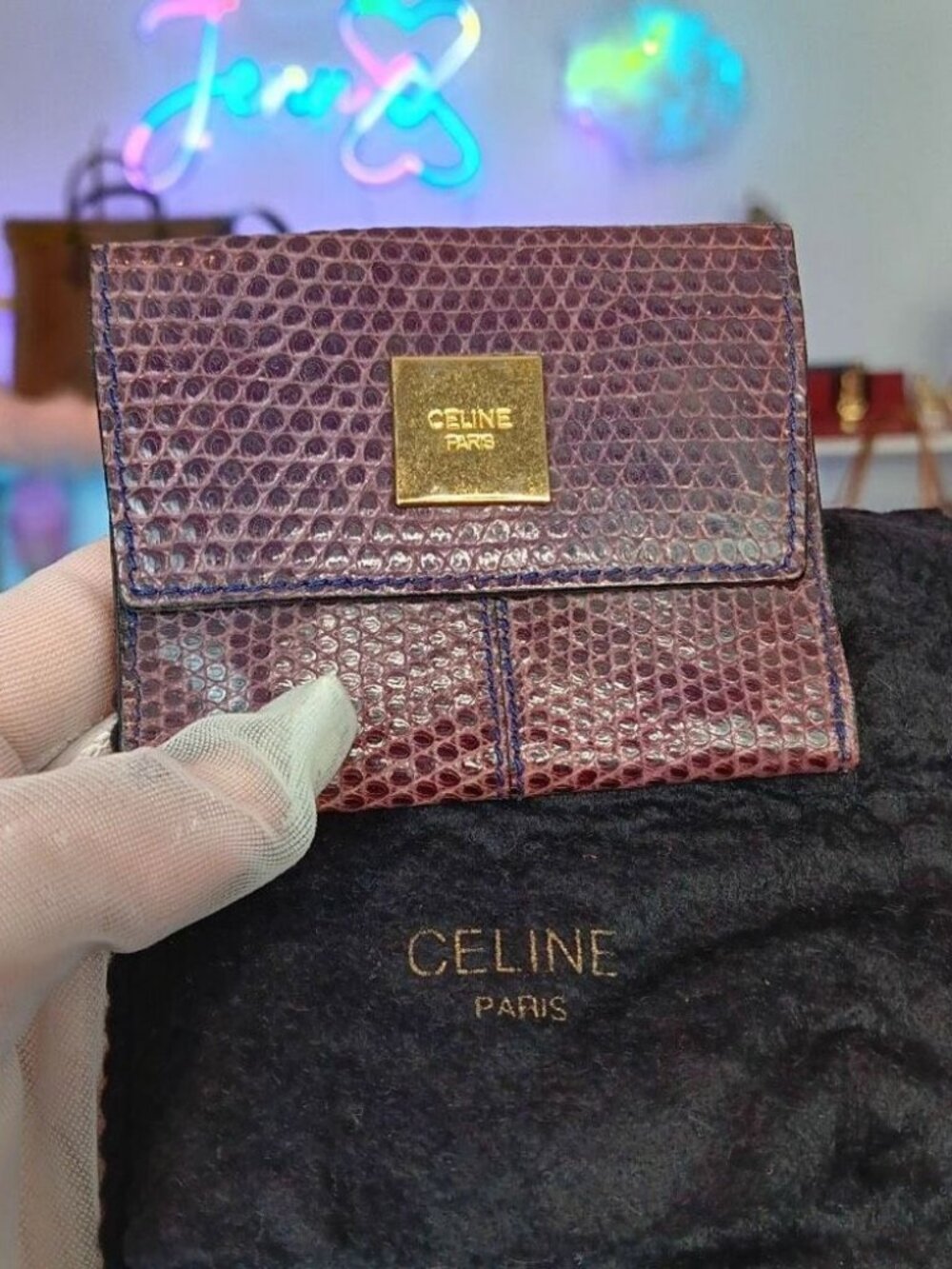 Celine Vintage Exotic Leather Purple Coin Pouch W/Dustbag